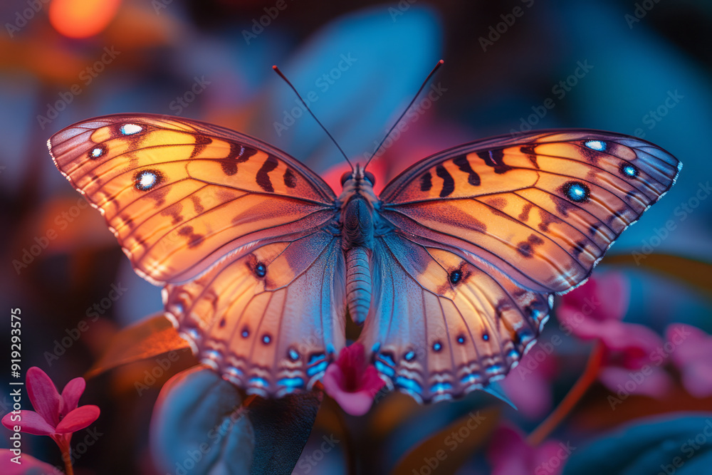 Poster A butterfly with wings that change color with every flap, creating a visual chromatic rhapsody in a vibrant garden,