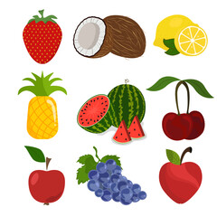 Watermello grap Coconut Strawberry apple strawberry chery icon set fruits vector illustration design isolated