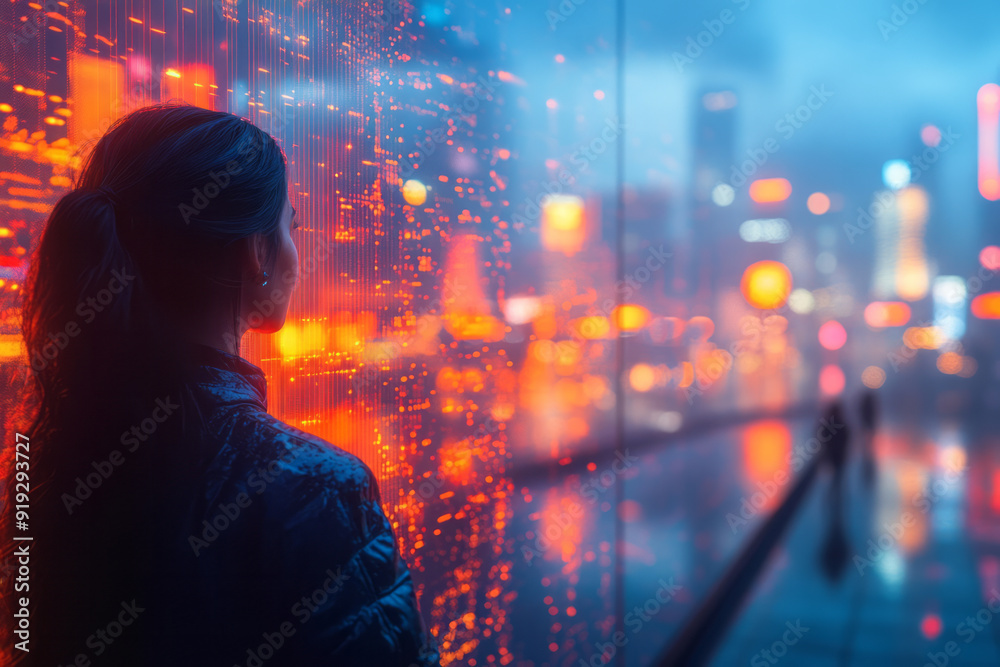Poster a futuristic city where holographic displays create a constant chromatic rhapsody of shifting colors