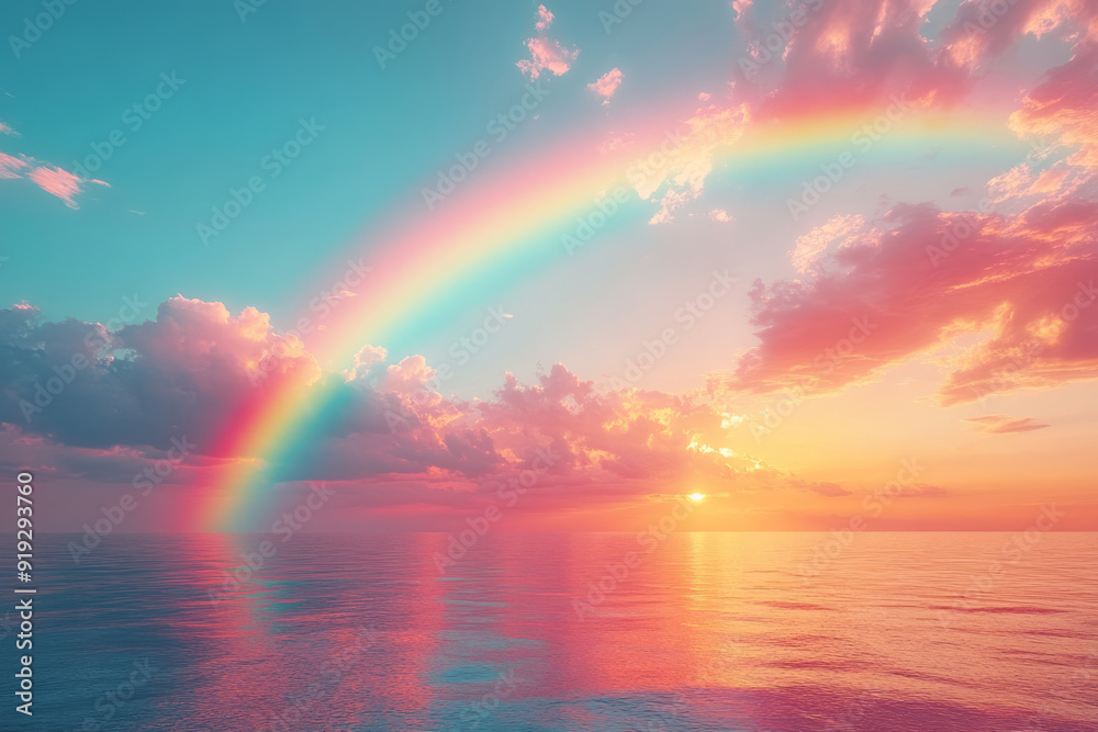 Poster a tranquil scene of a rainbow arcing across the sky, its colors merging into a soft chromatic rhapso