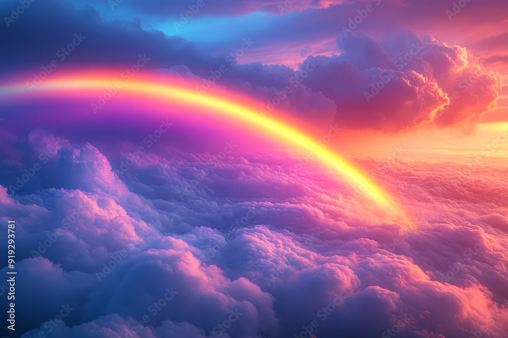 Poster a tranquil scene of a rainbow arcing across the sky, its colors merging into a soft chromatic rhapso