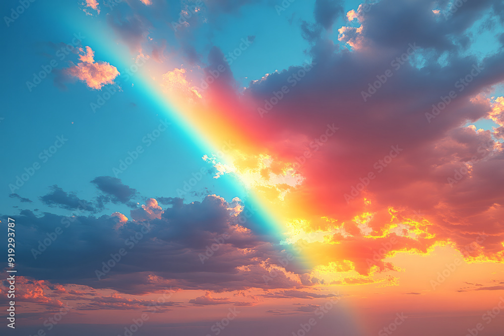 Poster A tranquil scene of a rainbow arcing across the sky, its colors merging into a soft chromatic rhapsody as it fades,