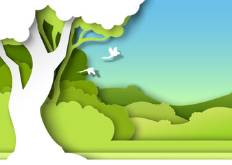 Forest paper cut green background with trees and flying birds. Sustainable nature environment and ecology conservation origami landscape. Woodland scene vector illustration in art craft style