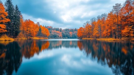 Fototapeta premium Fall foliage reflected in a tranquil lake
