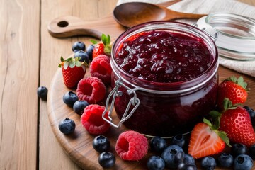 Strawberries, raspberries, and blueberries arranged with jam jars on a white wooden table, with greenery background, concept of healthy eating and organic food