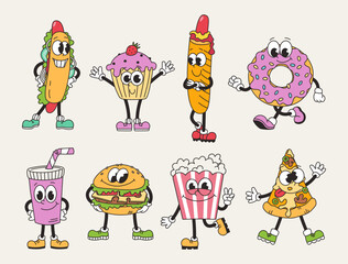 Obraz premium Retro groovy set of fast food and sweets characters. Funny vintage mascots. Junk food, desserts. Cartoon vector illustration