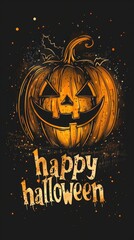 Spooky Halloween scene with a glowing Jack-O'-Lantern and happy Halloween text. Blurred background, pumpkin and lights.