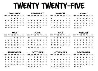 2025 Monday Start Landscape Black and White Calendar. 2025 Monday Start Horizontal Black and White Calendar Template
Simple calendar for year 2025 isolated on white background. Vector illustration.