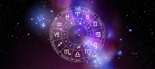 Circle with Zodiac Signs on Colorful Starry Space Background. Vector Illustration