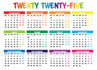 2025 Monday Start Landscape Color Calendar. 2025 Monday Start Horizontal Colorful Calendar Template
Simple calendar for year 2025 isolated on white background. Vector illustration.