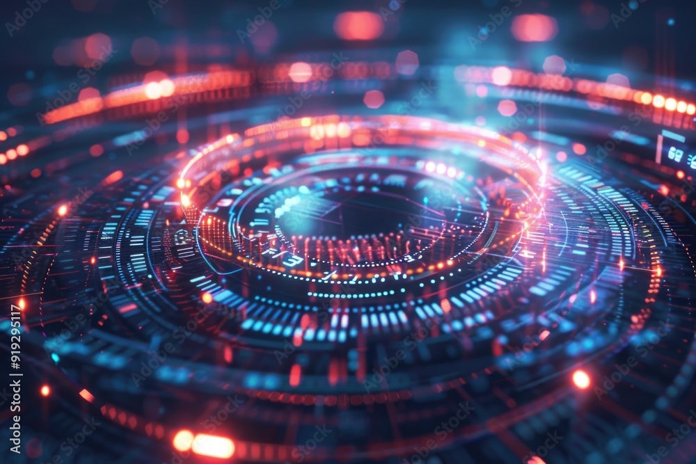 Poster A futuristic image featuring a digital circle surrounded by many lights, perfect for representing technology and innovation in various contexts