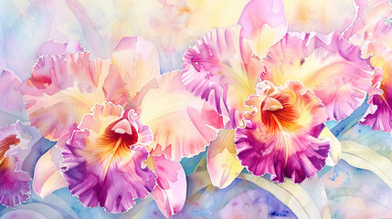 Watercolor orchids in wet-on-dry style, detailed petals in shades of pink and yellow, pastel background