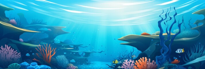 Marine life banner design, wide angle, blue and turquoise pallet, coral reefs, fish, underwater