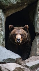 A bear is standing in a cave with its head up