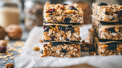 homemade granola bars with oats, nuts, and dried fruits, neatly stacked on parchment paper, with a backdrop of kitchen ingredients