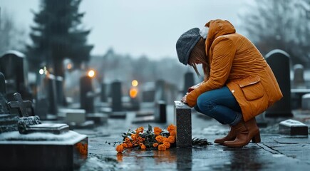 Woman grieving at a cemetery in winter, kneeling by a tombstone with orange flowers on the ground under a gray, raining sky.