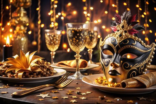 Elegant Venice carnival themed party dinner table setting with ornate masks, gold and black plates, glasses, and confetti, surrounded by lavish decorations in a sophisticated atmosphere.