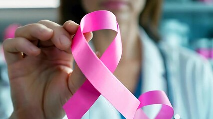 Doctor is holding a pink ribbon, the international symbol of breast cancer awareness, in her hand. She is wearing a lab coat and stethoscope - Powered by Adobe