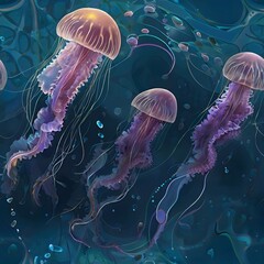 Fototapeta premium Ethereal jellyfish pulsate, shimmering in sunlit blue ocean depths,Ethereal jellyfish pulsate, shimmering in sunlit blue ocean depths
