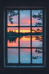 Fototapeta premium A window in a serene lakeside cabin, reflecting the pink hues of a sunset over calm waters. 