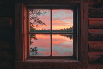 A window in a serene lakeside cabin, reflecting the pink hues of a sunset over calm waters. 