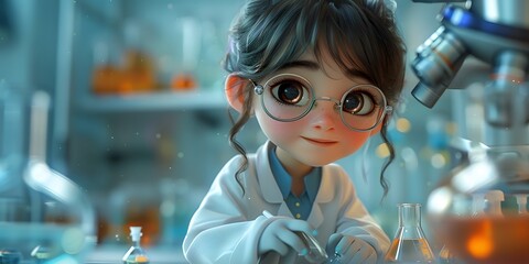 Fototapeta premium An adorable Asian girl engaged in a children's educational activity, conducting research in a laboratory with a microscope. The scene captures a playful and inquisitive atmosphere, emphasizing the imp