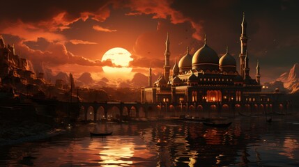 Naklejka premium Golden Mosque at Sunset