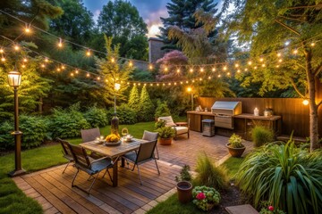 Obraz premium Warm glow of string lights illuminates a serene backyard setup for a casual gathering, complete with a BBQ grill, outdoor furniture, and lush greenery.