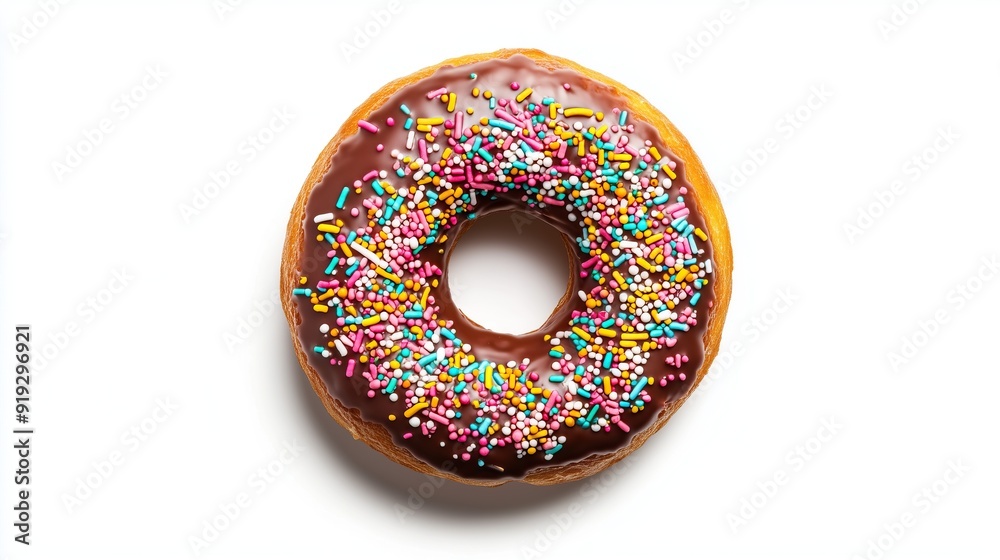 Wall mural a delicious donut with chocolate glaze and colored sprinkles, on a white background