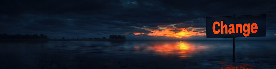 Naklejka premium A dark sky lit by the first rays of sunrise, with a banner reading 