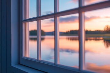 Fototapeta premium A window in a serene lakeside cabin, reflecting the pink hues of a sunset over calm waters. 