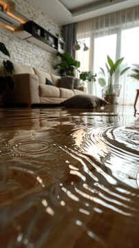 living room with a flooded floor, featuring a cozy sofa, houseplants. unexpected home disaster. deluge and flood