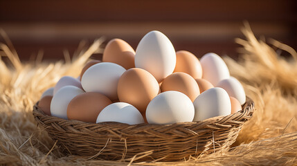 Farm Fresh Brown And White Eggs Nestled In A Wicker Basket On Straw Illuminated By Morning Sunlight