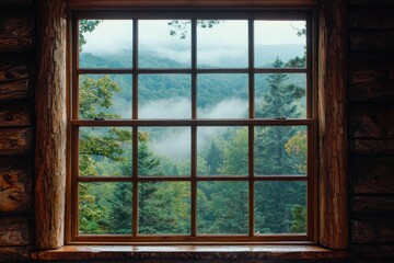 A window in a serene mountaintop retreat, capturing the mist rising from the valleys below. 