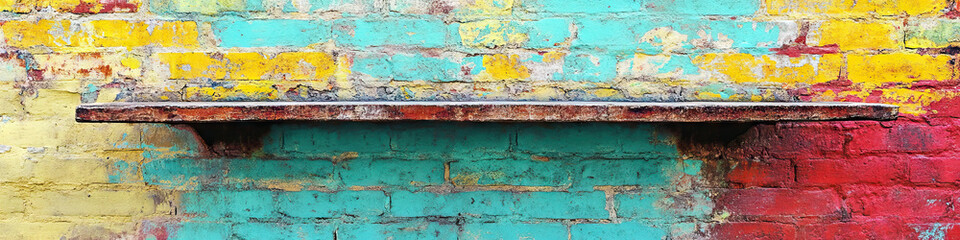 A colorful sign, precariously balanced on a brick wall.