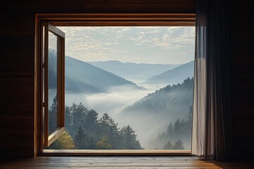 A window in a serene mountaintop retreat, capturing the mist rising from the valleys below. 