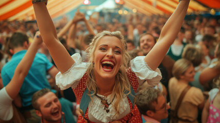 Woman in Dirndl lifted by crowd, cheering at Oktoberfest.