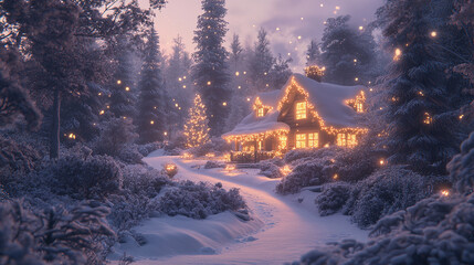 Winter New Year scenery, Christmas with snow-covered trees, cozy cottage and soft golden lights