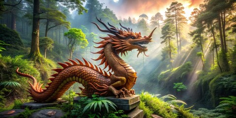 Obraz premium A majestic wooden dragon sculpture, symbolizing the 2024 Chinese New Year, stands proudly amidst a lush green forest, surrounded by vibrant foliage and misty atmosphere.
