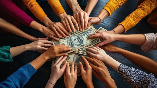 Financial collaboration. A diverse set of hands reaches for money, symbolizing teamwork in wealth management and investment. - Powered by Adobe
