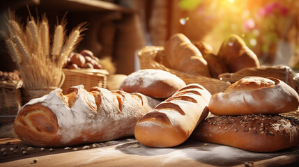 Freshly Baked Artisan Bread On Wooden Table With Sunlight Rustic Bakery With Assorted Loaves Of Bread Floury Surface Wheat Stalks Background