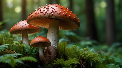 A group of mushrooms sitting on top of a lush green forest. This image can be used to depict the beauty of nature and the diversity of plant life. Generative AI