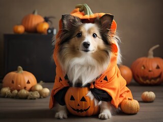 Sheltie dog in Halloween pumpkin costume AI generated 