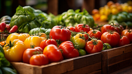 Assorted Heirloom Tomatoes In Wooden Boxes Displaying A Range Of Vibrant Colors From Red To Yellow And Green Against A Background Of Fresh Greenery At A Farmers Market