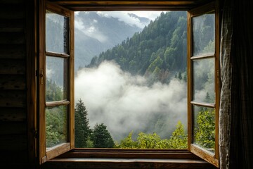 A window in a serene mountaintop retreat, capturing the mist rising from the valleys below. 
