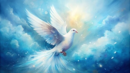 Obraz premium Delicate watercolor illustration of a serene white dove in gentle flight, surrounded by soft feathery textures and wispy brushstrokes on a dreamy blue background.