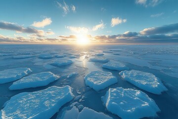vast expanse of pristine arctic ice sheet stretching to the horizon jagged formations catching the low polar sun creating a landscape of ethereal beauty