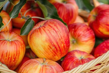 Fresh ripe apples in basket, vibrant colors, autumn harvest
