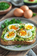Luxury breakfast with eggs and fresh avocado fruit