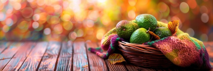 Fototapeta premium Fresh avocado fruit in basket with bokeh background